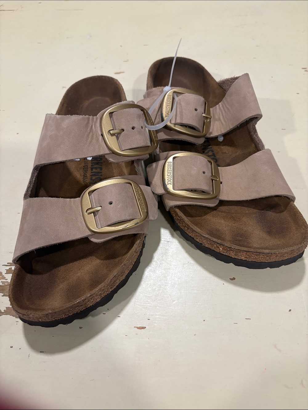 Birkenstock Arizona Big Buckle Sandcastle Nubuck Leather Gold Sandals EU 38 US 7